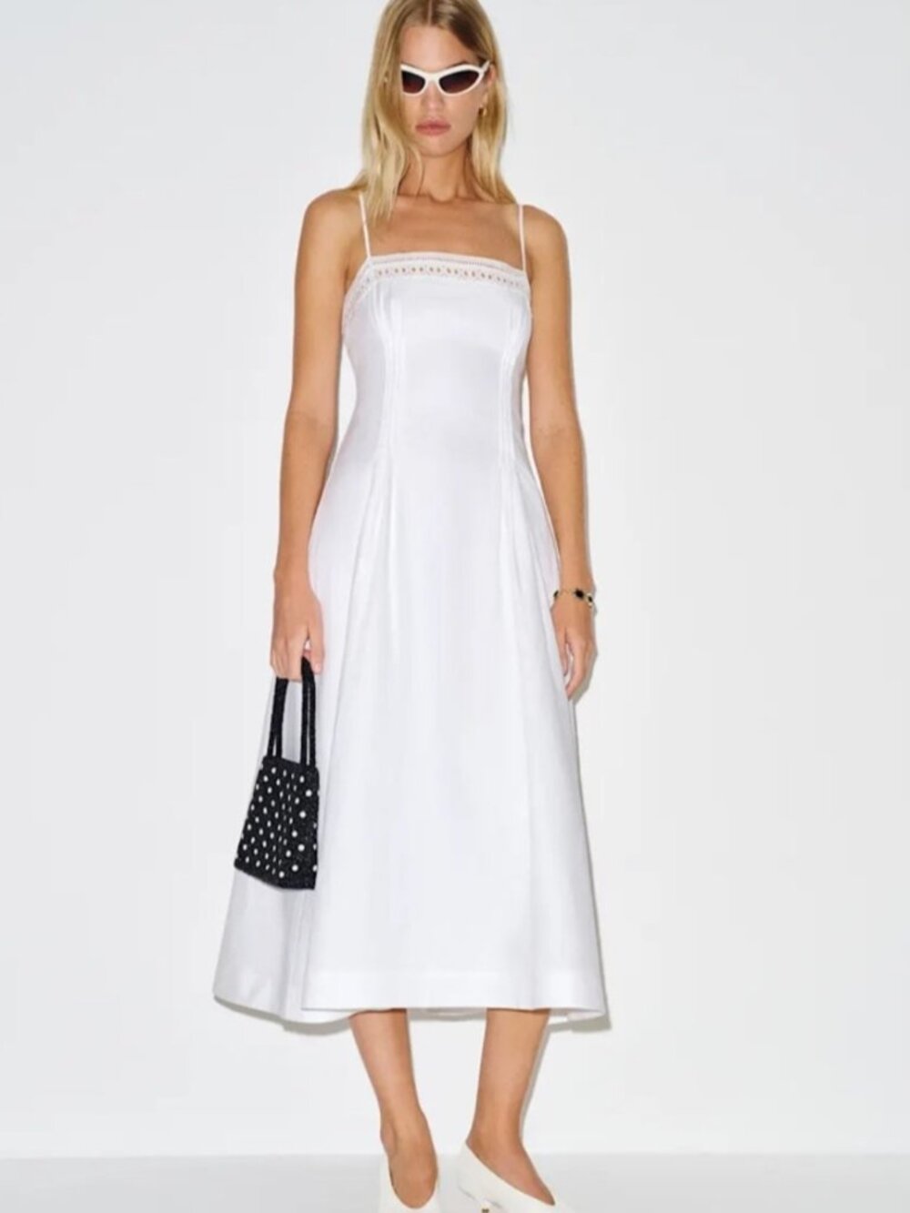 NEW Reformation Pomona Linen Lace Trim Midi Dress White | US 4 UK 8